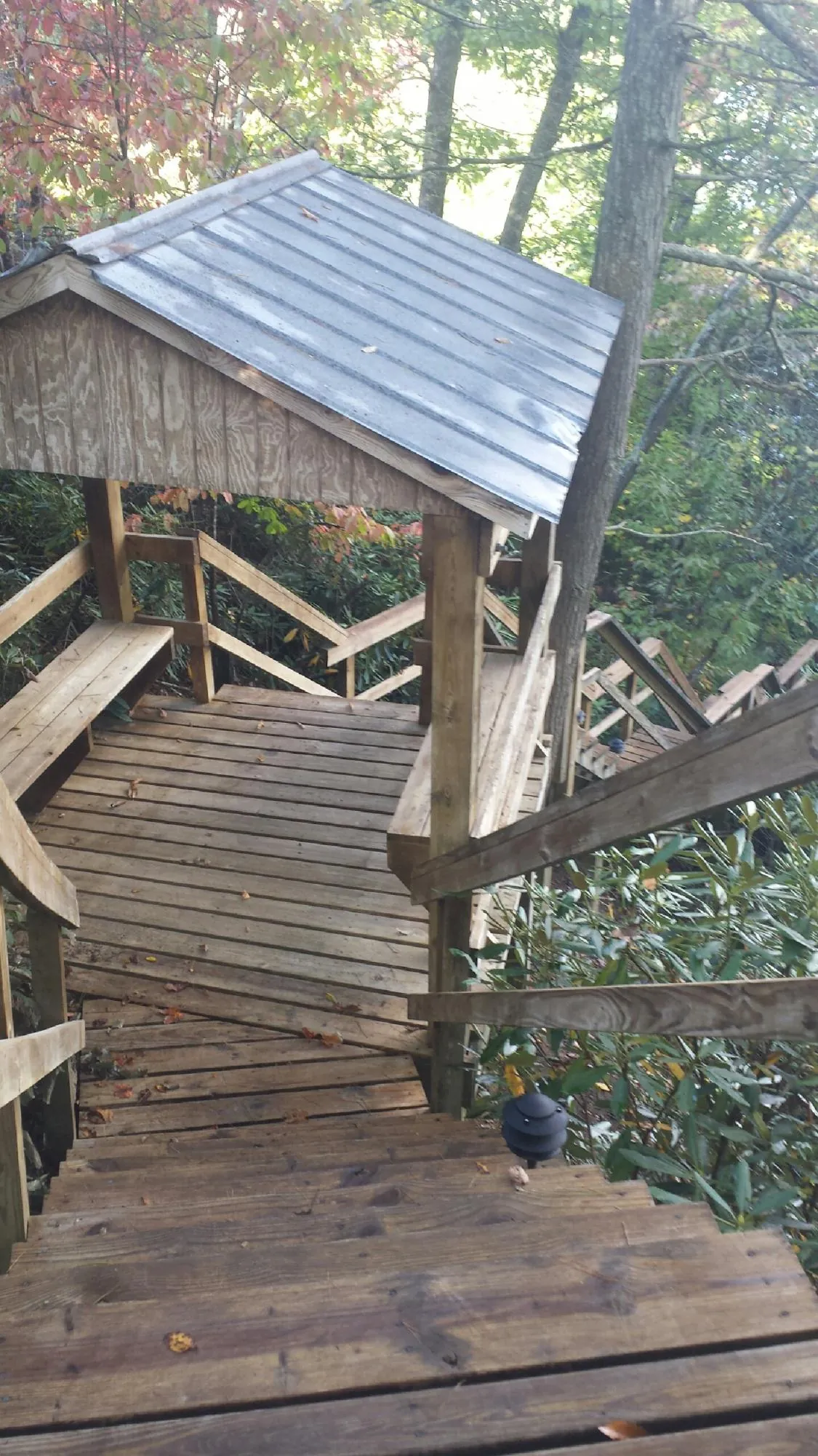 Metal roofed shelter over wooden steps on a wooded walkway — Skylight Repair & Installation work by our crew in Absarokee